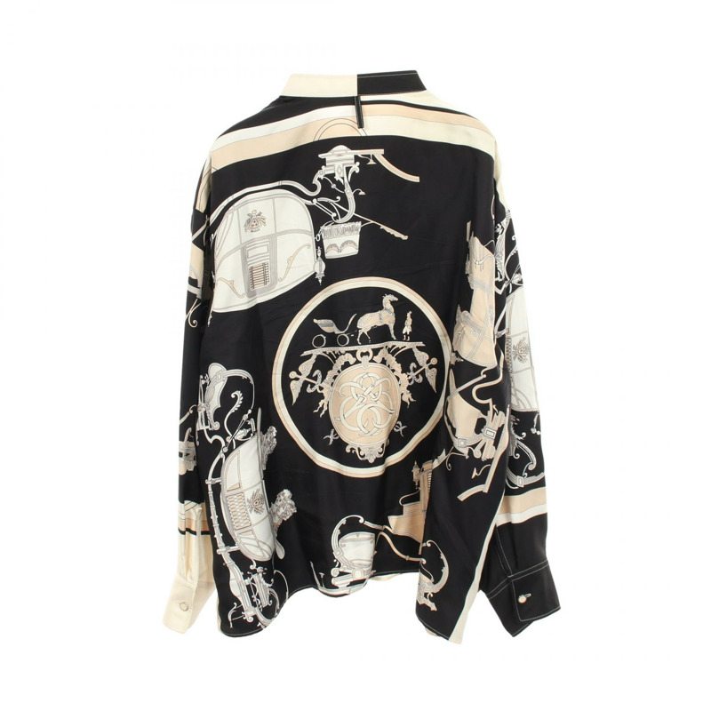 愛馬仕 Twillaine EX-LIBRIS 立領長袖襯衫 #42 絲質黑色二手-1