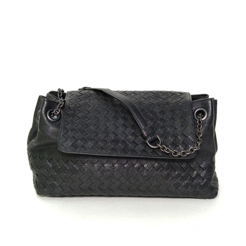 BOTTEGA VENETA 黑色羊皮黑扣經典編織鏈條單肩包