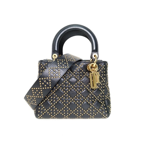 DIOR LadyDior戴妃包五格黑色羊皮2017鉚釘飾面