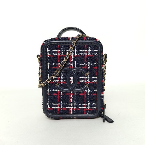 CHANEL VanityCase相機包豎版拼色毛呢30開淺金扣