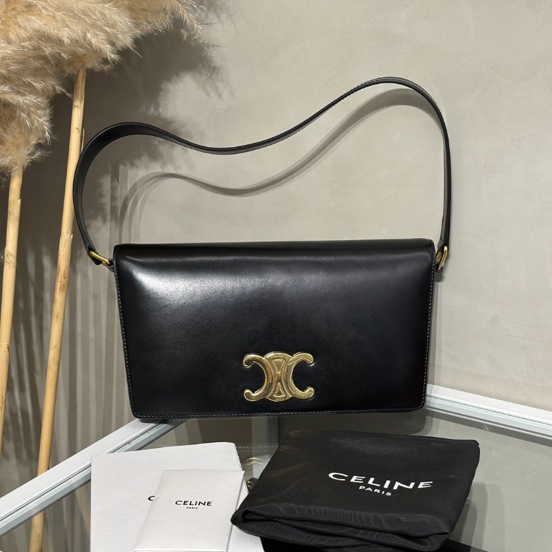 CELINE Triomphe光滑牛皮單肩包 - 黑金-10