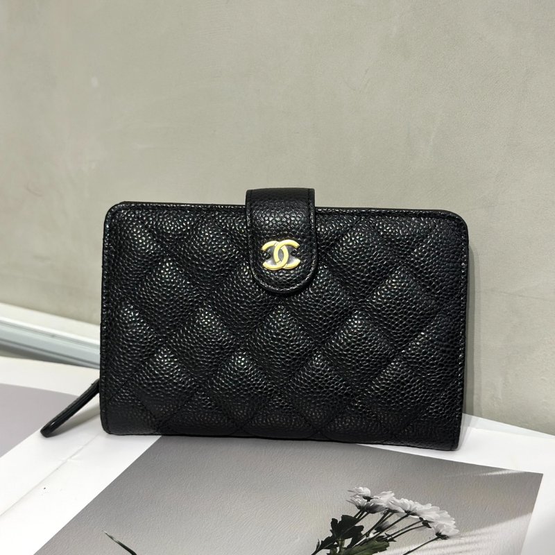 CHANEL 粒面牛皮雙折中夾 - 黑金19開-0