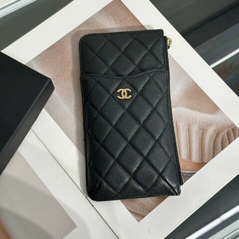 CHANEL 粒面牛皮卡包拉鍊長夾 - 黑金30開