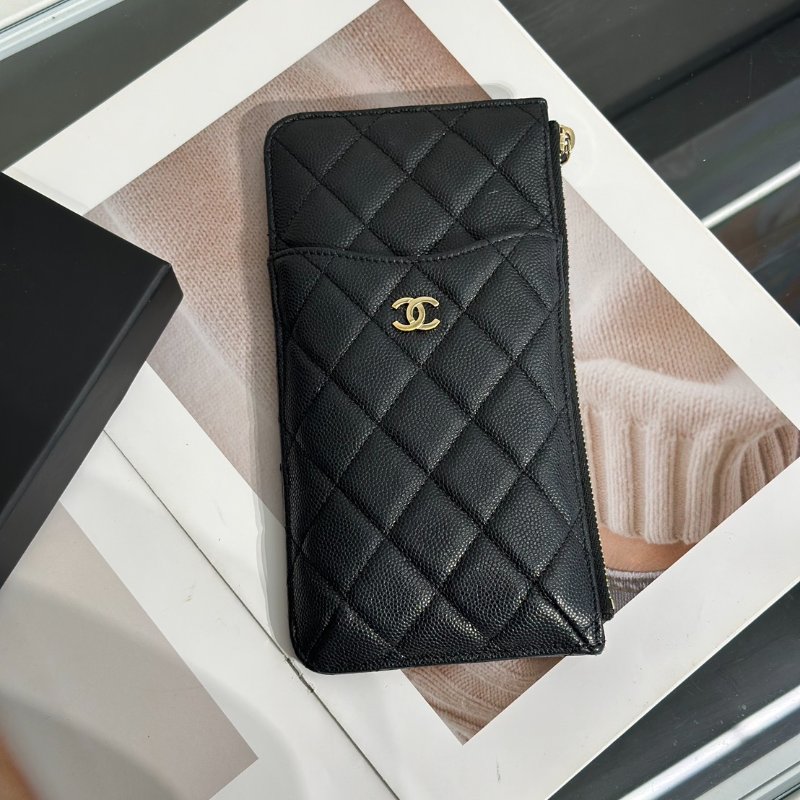 CHANEL 粒面牛皮卡包拉鍊長夾 - 黑金30開-0