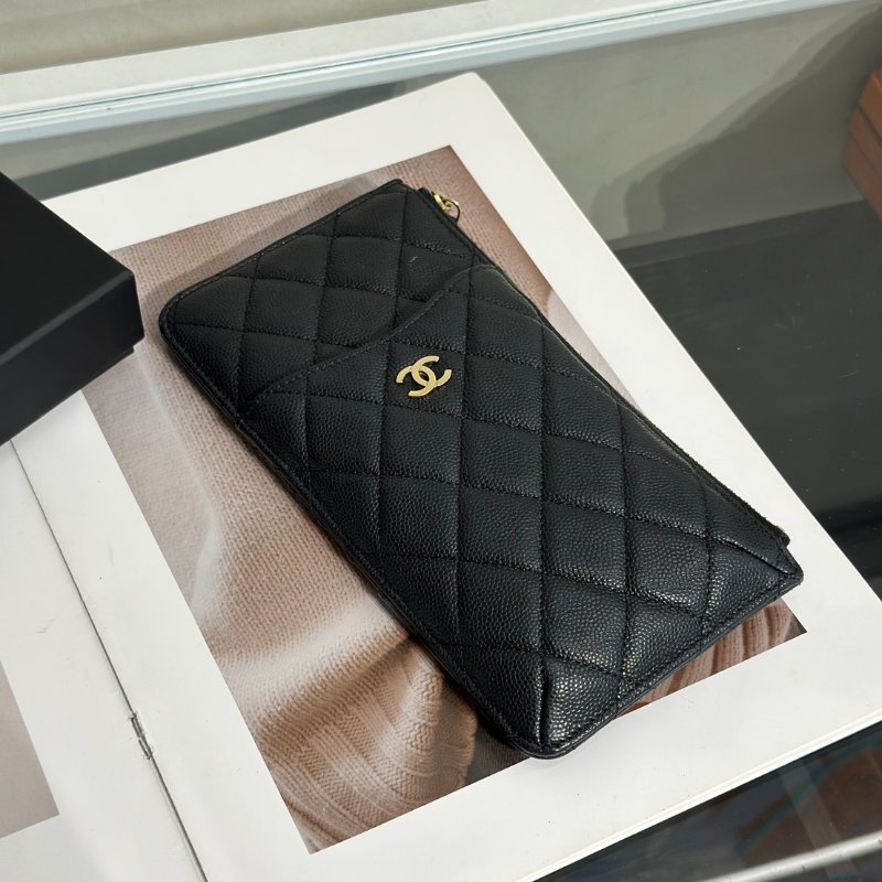 CHANEL 粒面牛皮卡包拉鍊長夾 - 黑金30開-1