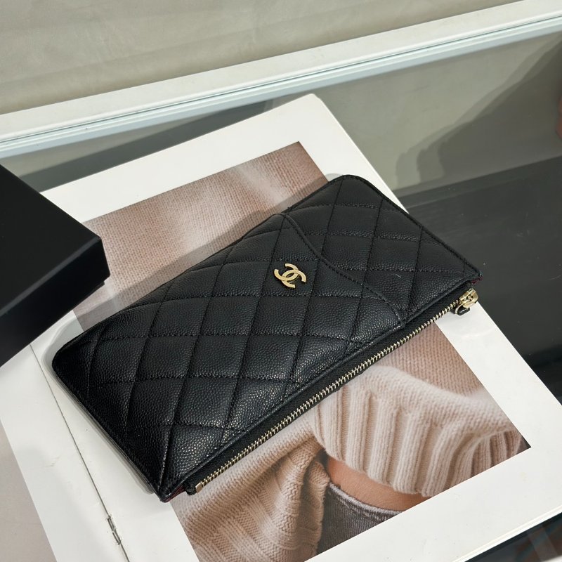 CHANEL 粒面牛皮卡包拉鍊長夾 - 黑金30開-2
