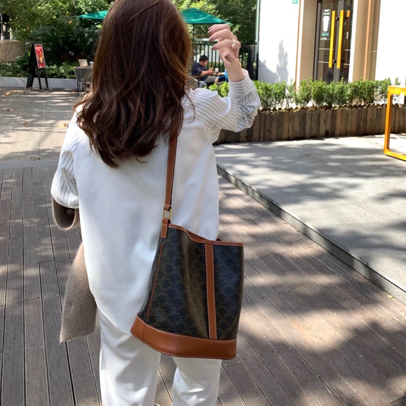 賽琳水桶包 Celine 凱旋門老花棕牛皮中型水桶包 肩背斜背兩用款 191132CAS-5