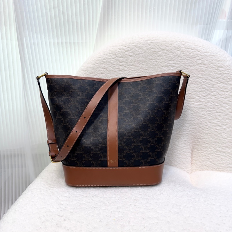 賽琳水桶包 Celine 凱旋門老花棕牛皮中型水桶包 肩背斜背兩用款 191132CAS-6