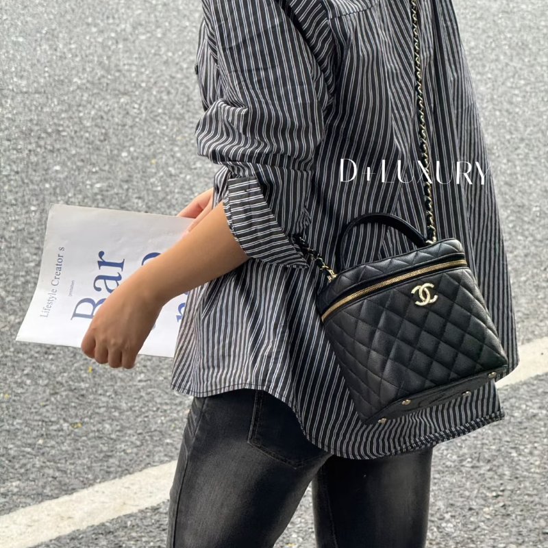 CHANEL 粒面牛皮手提化妝盒 - 黑金-9