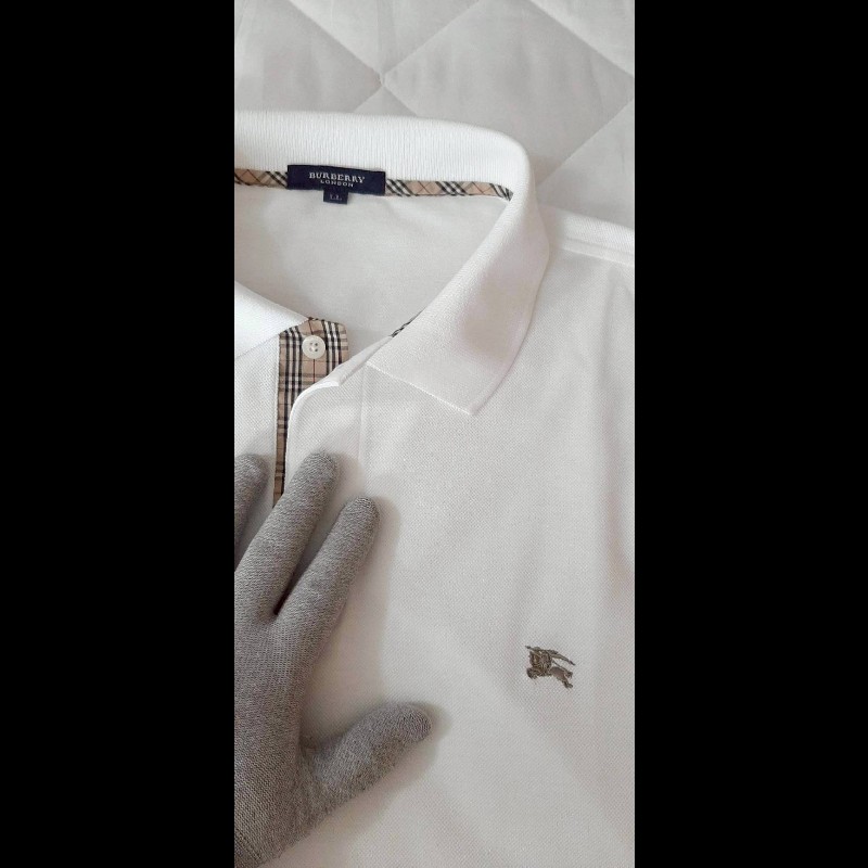 BURBERRY 博柏利 LONDON 戰馬 男白色&經典格紋元素透氣網眼布短袖POLO衫LL-4