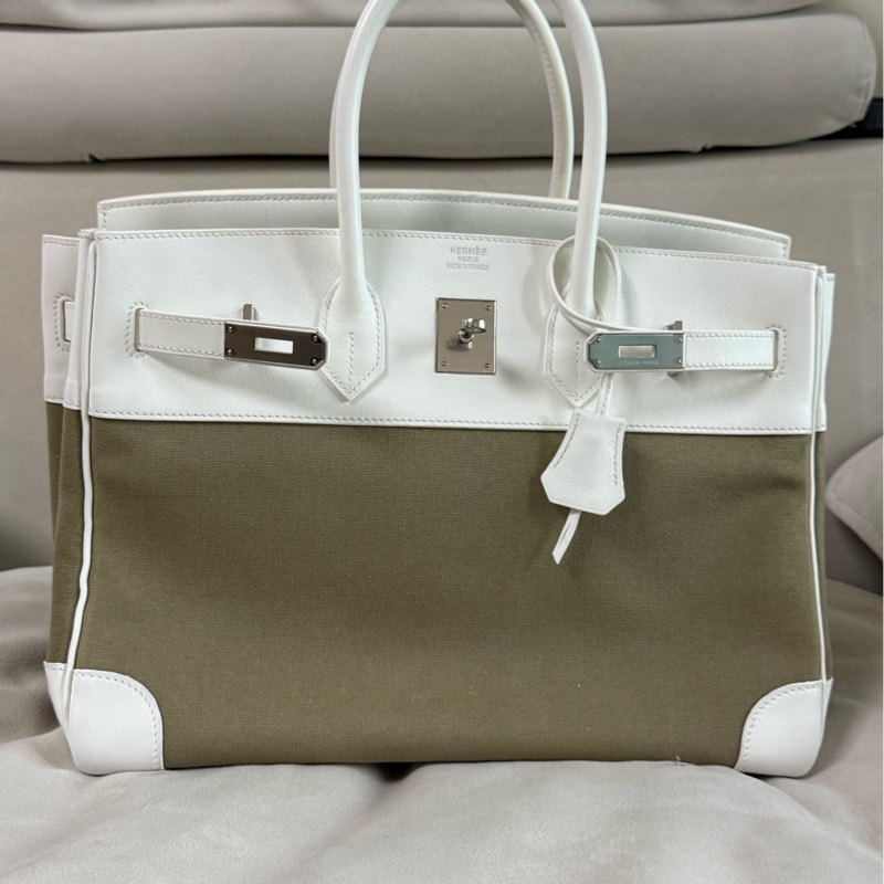 hermes 愛馬仕 框K birkin35 bk35 奶油白拼帆布 銀扣 手提鉑金包-0