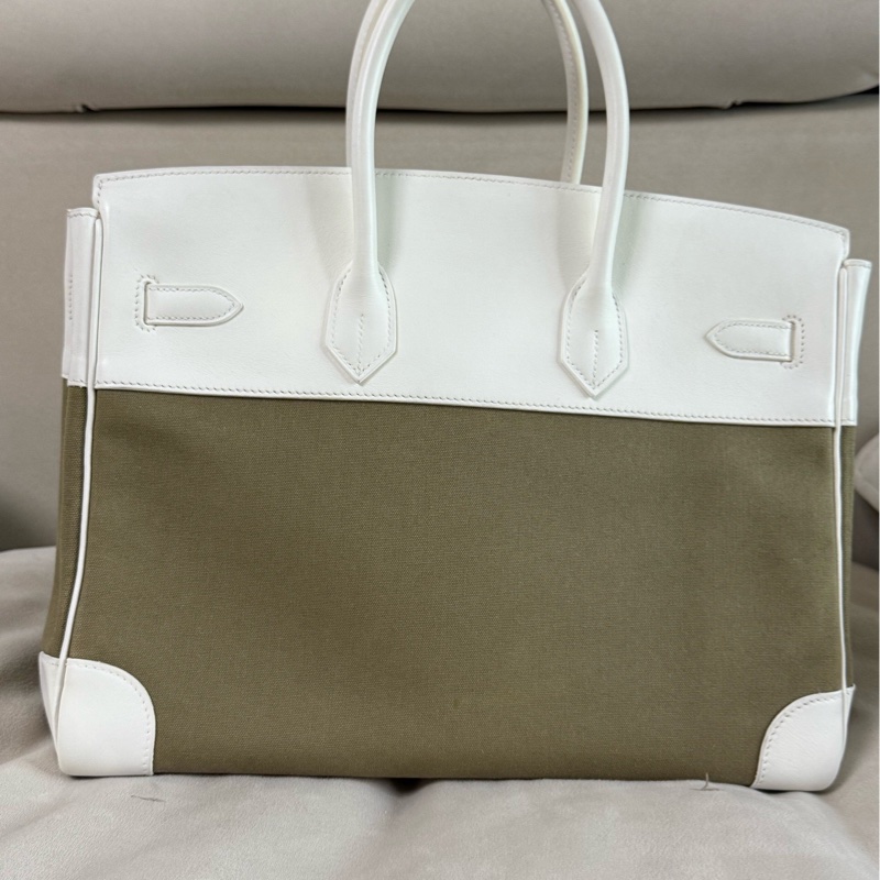 hermes 愛馬仕 框K birkin35 bk35 奶油白拼帆布 銀扣 手提鉑金包-1