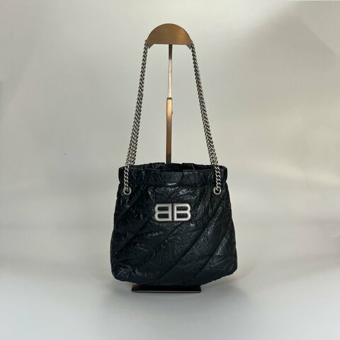 全新品 BALENCIAGA  黑揉製皮Crush銀鍊肩背包 XS