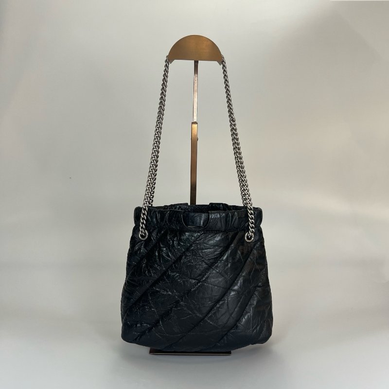 全新品 BALENCIAGA 黑揉製皮Crush銀鍊肩背包 XS-1