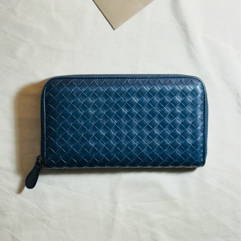 ✨近新閒置 超甜 BV bottega Veneta 質感深藍編織拉鏈8 卡零錢袋長夾 長錢包