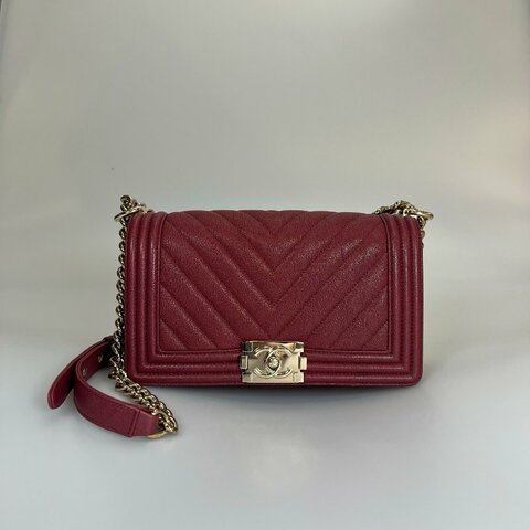 CHANEL BOY25酒紅荔枝V字紋側肩包