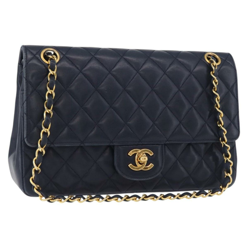 【日本直送】香奈兒 Matelasse 25 雙蓋鏈條包 羊皮 海軍藍 金 CC 標誌 正品 ka3835V-0
