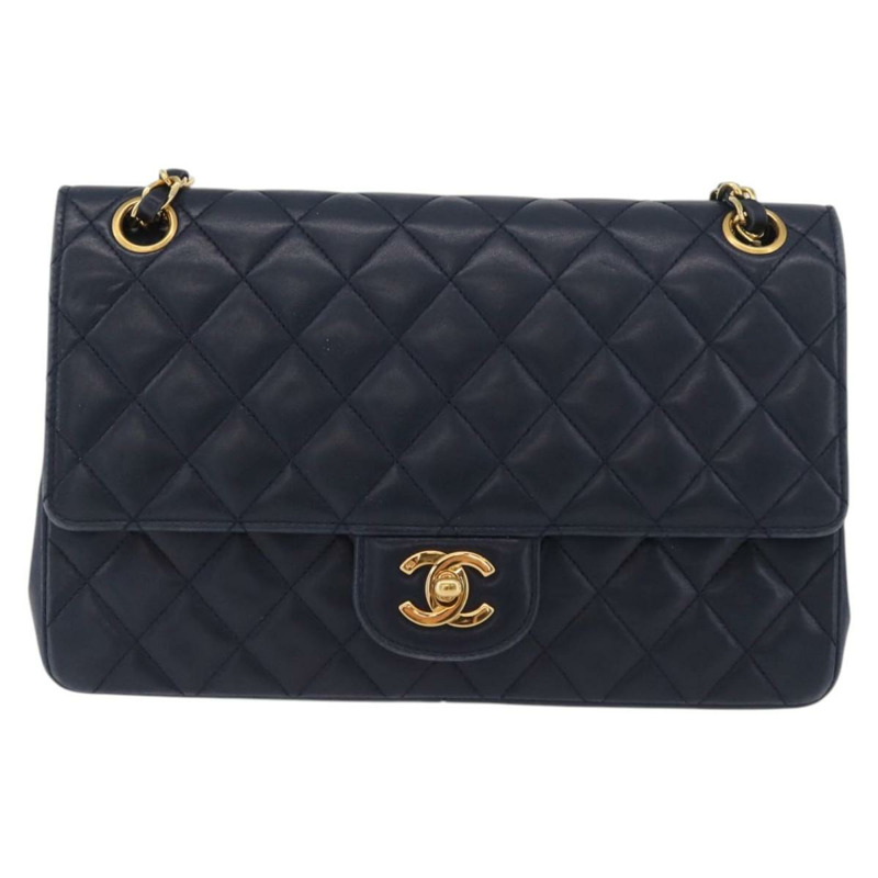 【日本直送】香奈兒 Matelasse 25 雙蓋鏈條包 羊皮 海軍藍 金 CC 標誌 正品 ka3835V-1