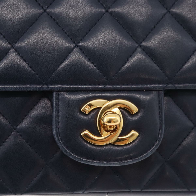 【日本直送】香奈兒 Matelasse 25 雙蓋鏈條包 羊皮 海軍藍 金 CC 標誌 正品 ka3835V-14