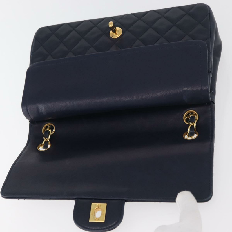 【日本直送】香奈兒 Matelasse 25 雙蓋鏈條包 羊皮 海軍藍 金 CC 標誌 正品 ka3835V-15