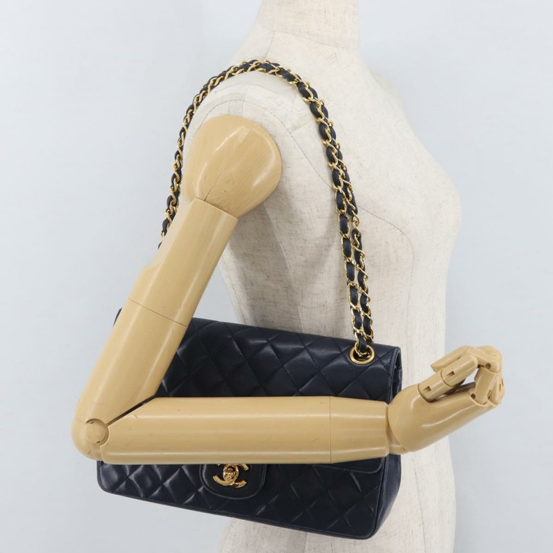 【日本直送】香奈兒 Matelasse 25 雙蓋鏈條包 羊皮 海軍藍 金 CC 標誌 正品 ka3835V-28