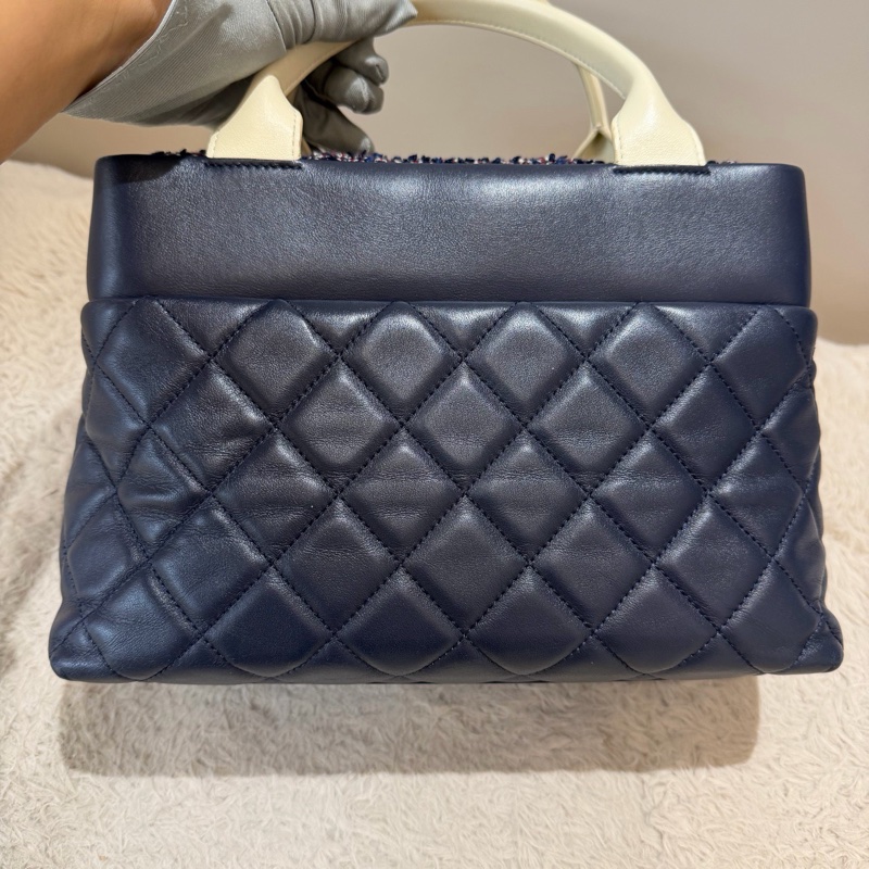 Chanel • 海軍藍牛皮銀釦毛呢鏈條包 2way 手提、斜背✔️-7