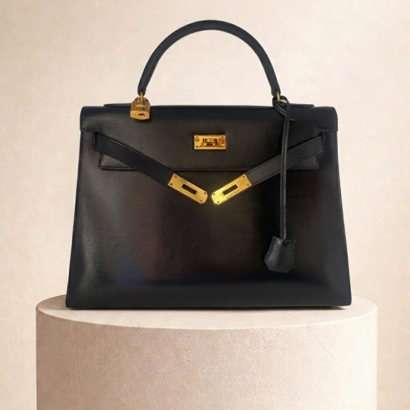 愛馬仕 Kelly 32 Sellier Box 皮 黑色 黑金 外縫 凱莉包 手提包 肩背包 金扣 GHW-0