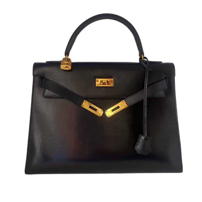 愛馬仕 Kelly 32 Sellier Box 皮 黑色 黑金 外縫 凱莉包 手提包 肩背包 金扣 GHW-1