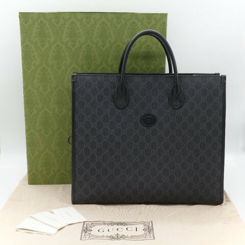 Gucci 古馳 黑色 GG Supreme 帆布 Interlocking G 中型手提包 兩用包