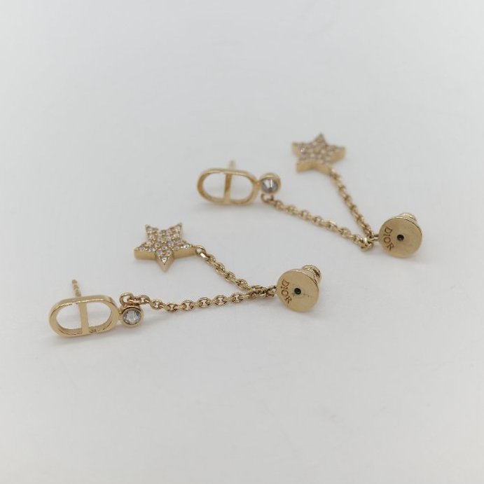 Dior 迪奧 垂墜星星 金色 水鑽 耳針 耳環-4