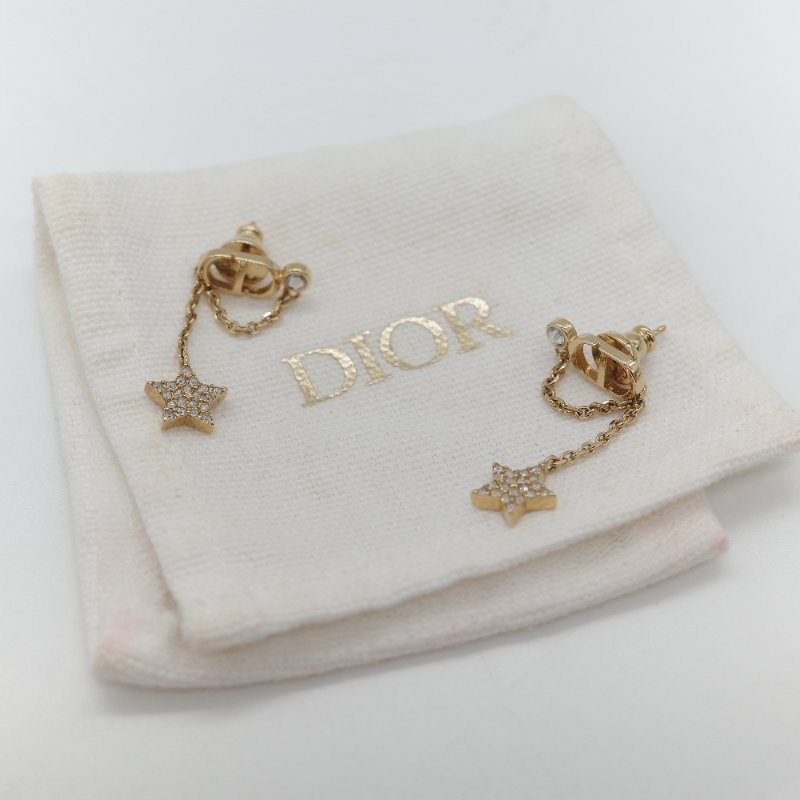 Dior 迪奧 垂墜星星 金色 水鑽 耳針 耳環-5