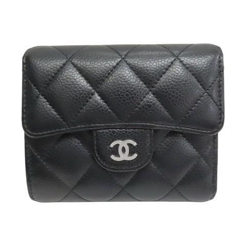 黑色 菱格紋 荔枝牛皮 三折短夾 銀釦【CHANEL 香奈兒】 AP0231