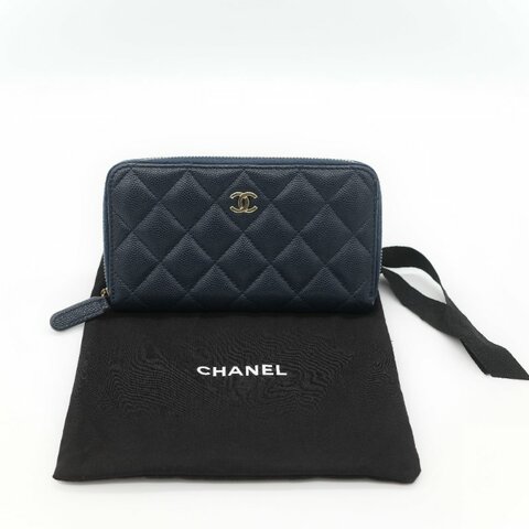 Chanel 香奈兒 深藍色 荔枝牛皮 長錢包