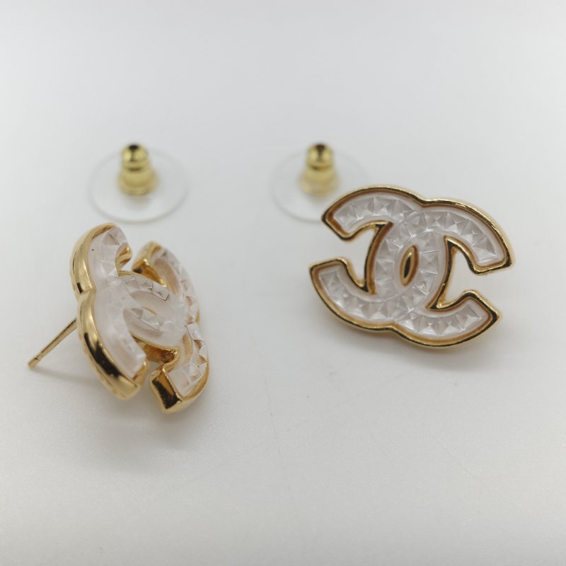 Chanel 香奈兒 白色樹脂 金色 CC 耳釘 耳環-5