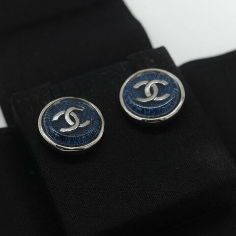 Chanel 香奈兒 藍色樹脂 CC 銀色 耳釘 耳環