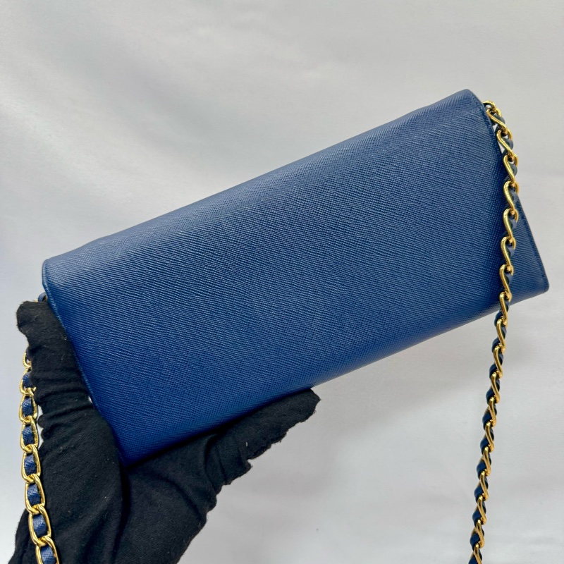 PRADA Saffiano 藍色皮革鏈帶長夾(斜背包)1M1290-1