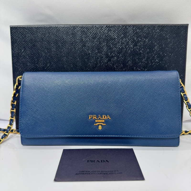 PRADA Saffiano 藍色皮革鏈帶長夾(斜背包)1M1290-2