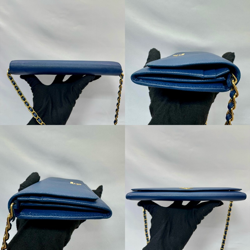PRADA Saffiano 藍色皮革鏈帶長夾(斜背包)1M1290-3