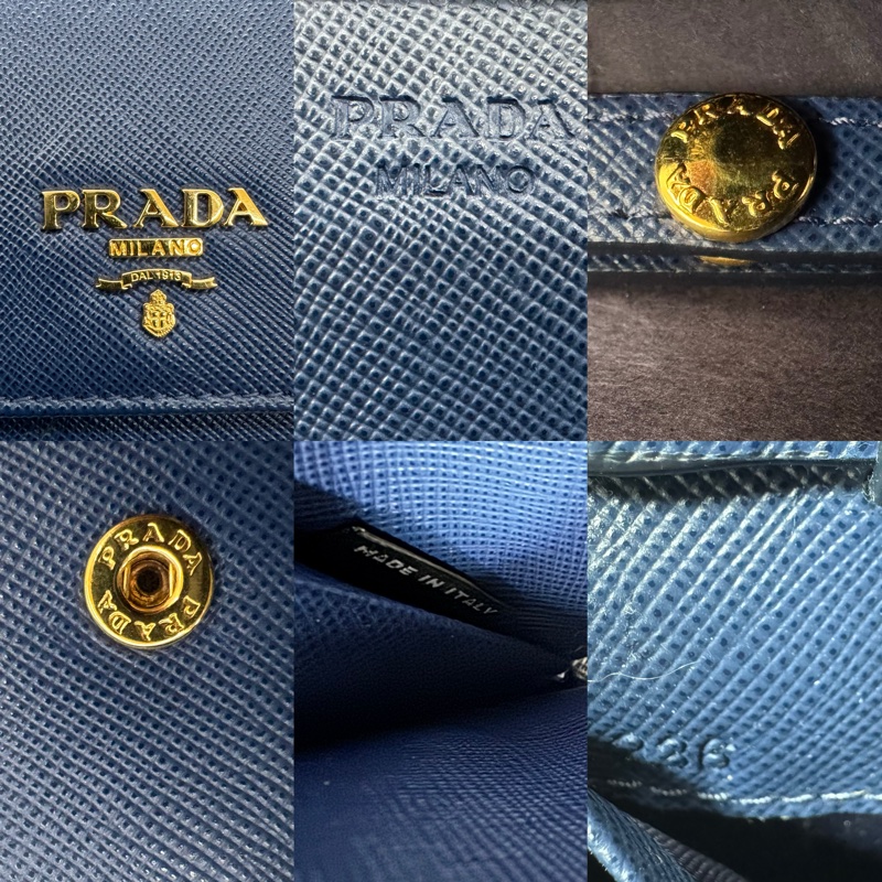 PRADA Saffiano 藍色皮革鏈帶長夾(斜背包)1M1290-6