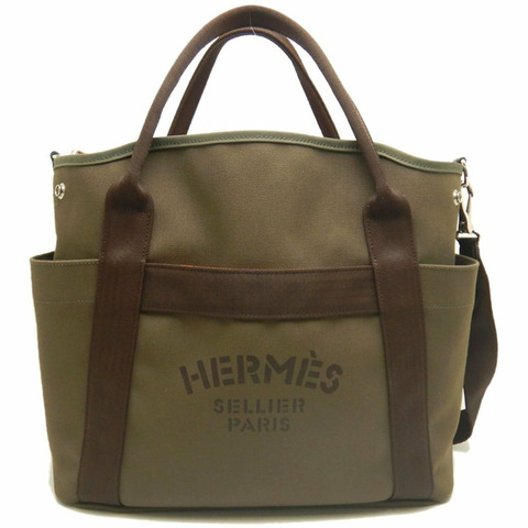 HERMES Sac de Pansage 手提包，帆布，卡其色，女式，253725