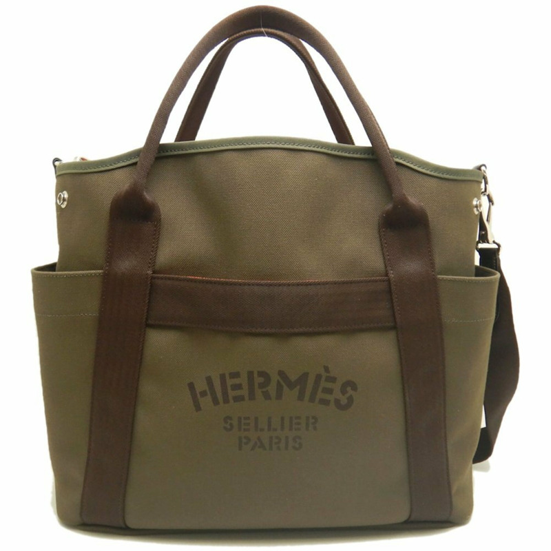 HERMES Sac de Pansage 手提包，帆布，卡其色，女式，253725-1