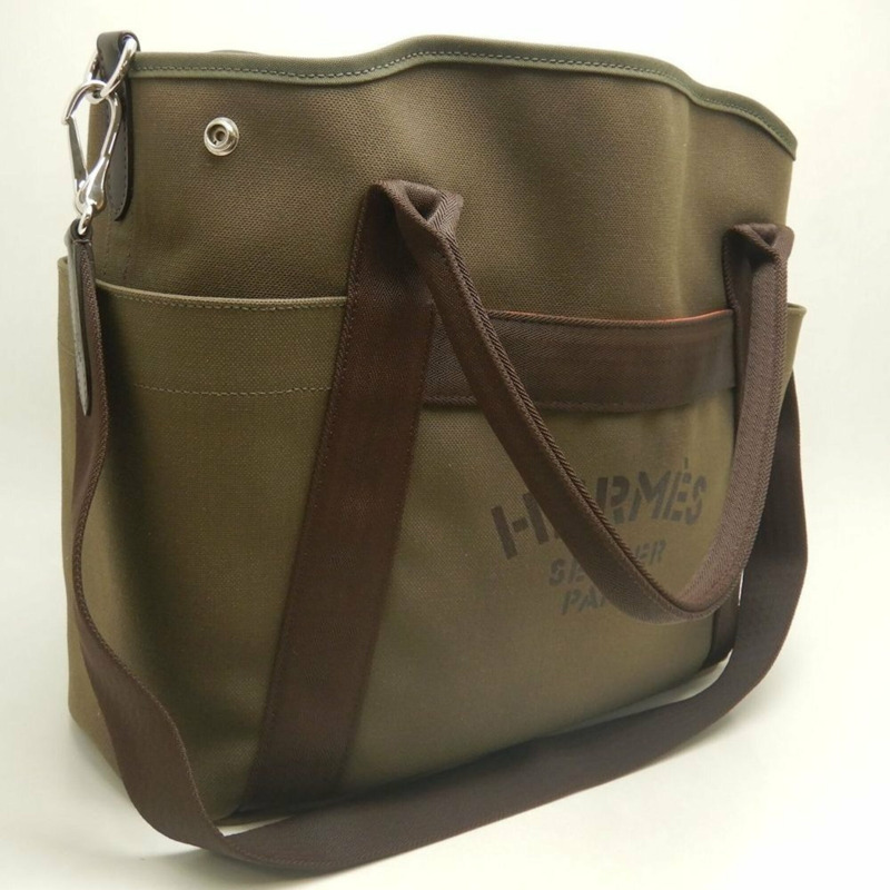HERMES Sac de Pansage 手提包，帆布，卡其色，女式，253725-2