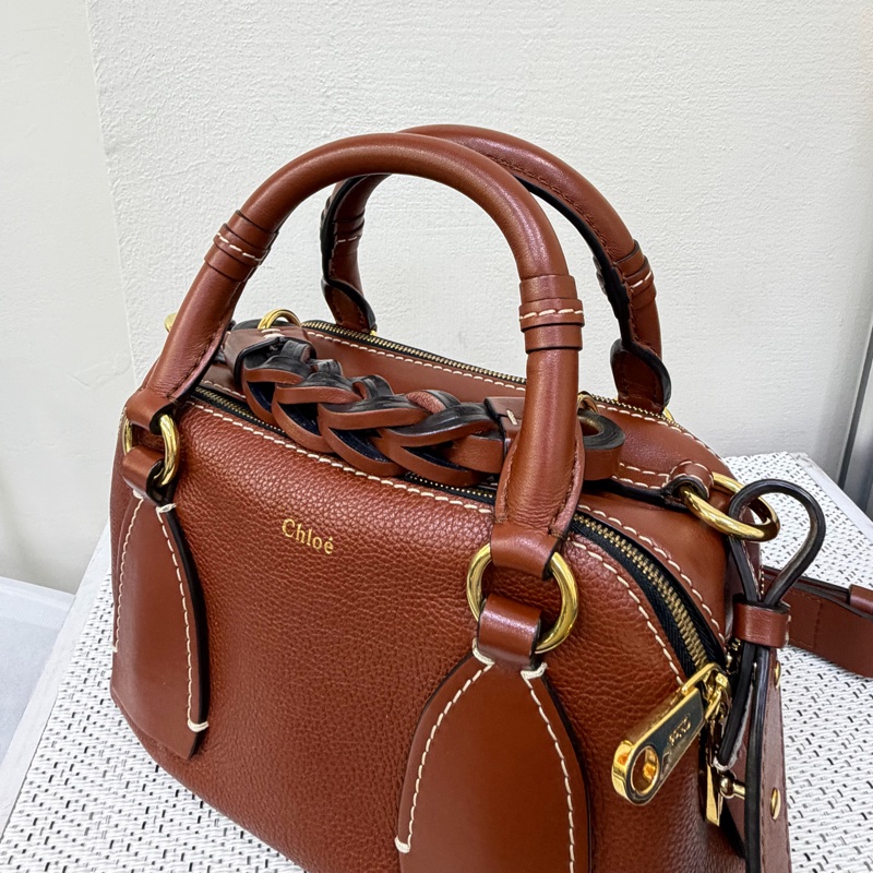 Chloé Daria 紅棕色編織握把手提斜背兩用包-5