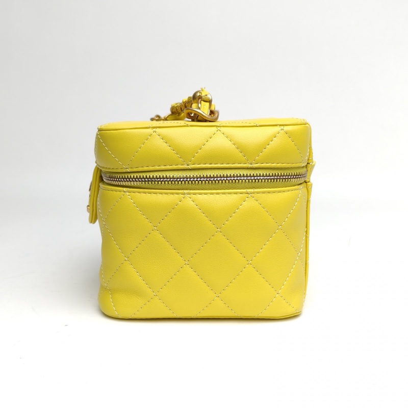 CHANEL 22S方盒子化妝包黃色羊皮晶片金扣雙金珠皮穿鏈-1