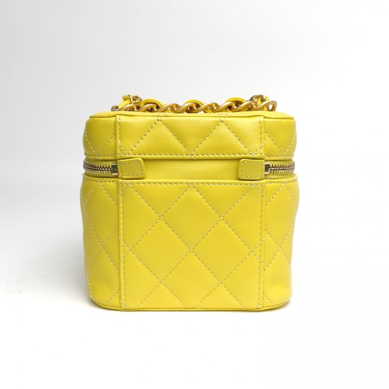CHANEL 22S方盒子化妝包黃色羊皮晶片金扣雙金珠皮穿鏈-2