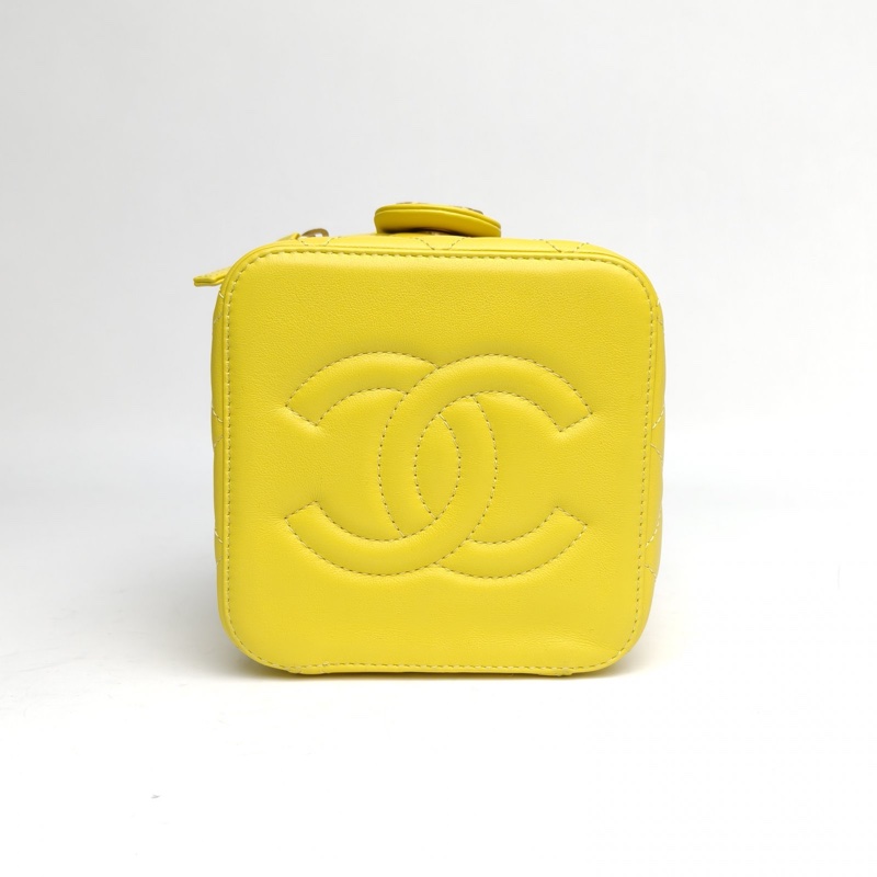 CHANEL 22S方盒子化妝包黃色羊皮晶片金扣雙金珠皮穿鏈-3