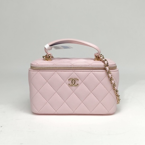 CHANEL 21K手提長盒子化妝包帶鏡子16cm粉色31開金扣