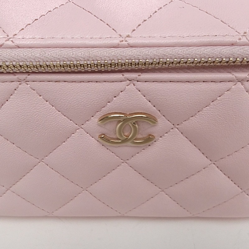 CHANEL 21K手提長盒子化妝包帶鏡子16cm粉色31開金扣-4
