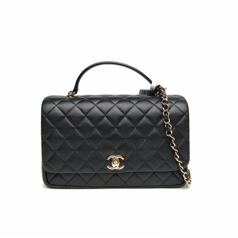 CHANEL 黑色羊皮25開金扣手柄口蓋風琴包郵差包