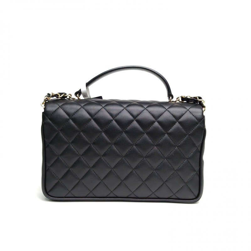 CHANEL 黑色羊皮25開金扣手柄口蓋風琴包郵差包-2